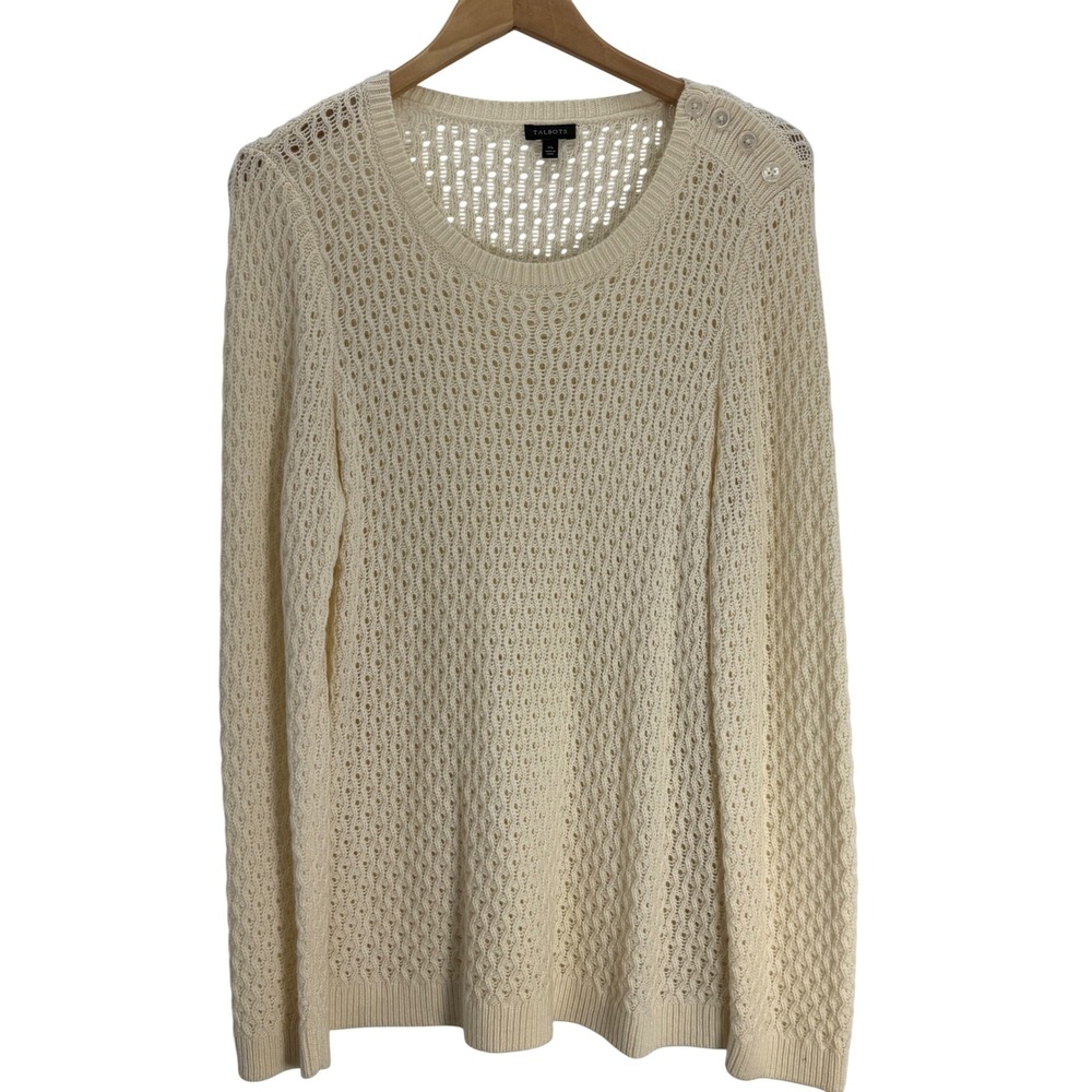 TALBOTS Cream Textured Knit Crew Neck Sweater Womens XL Button Shoulder Detail - Picture 3 of 9